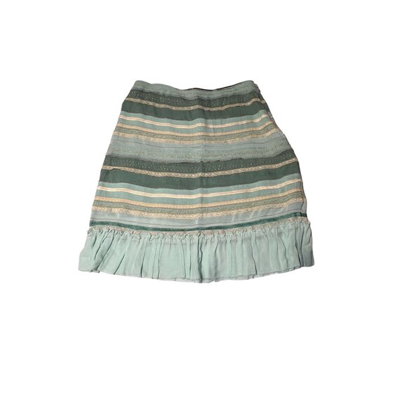 Odille Green & Cream Lace Ribbon Stripe Ruffle Skirt Anthropologie Gold Viscose - Picture 3 of 15